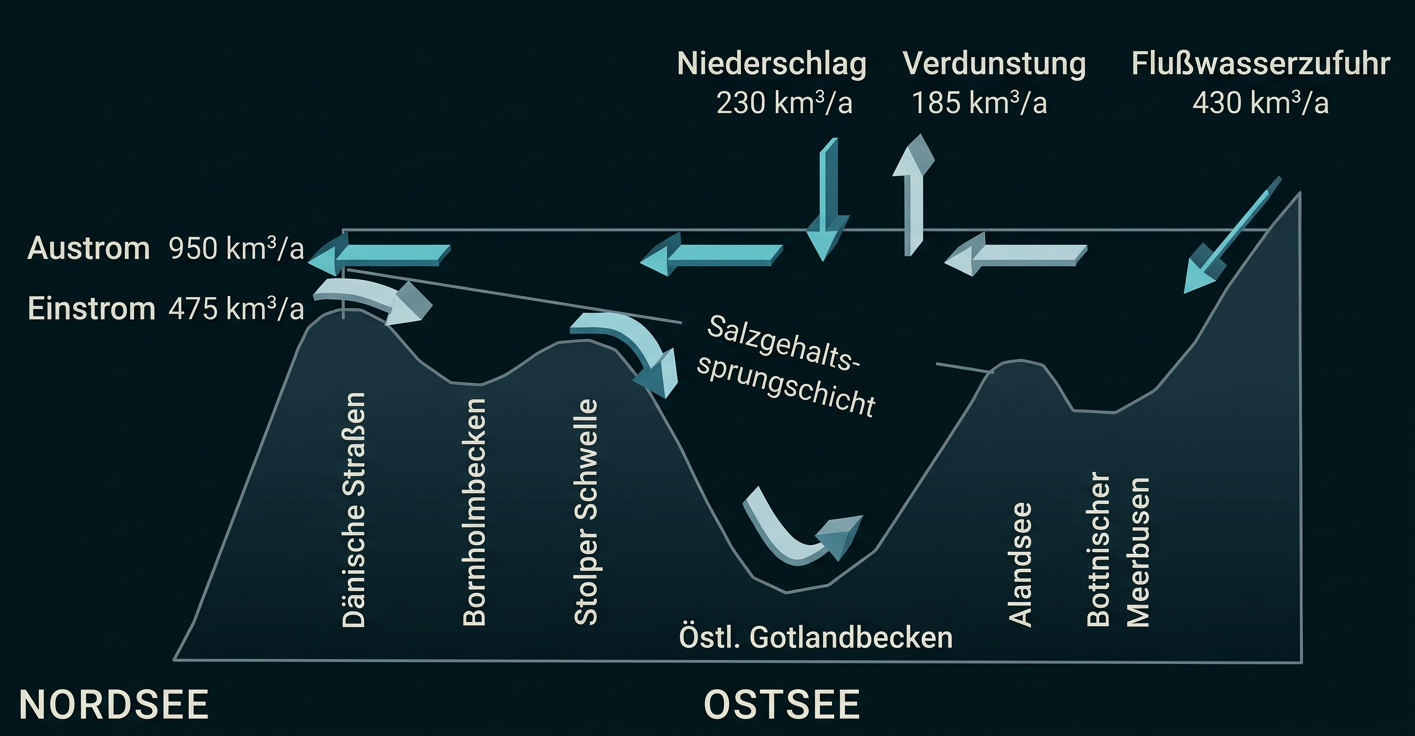 Schematische Darstellung des Wasseraustauschs und Salzgehalts zwischen Nordsee und Ostsee.